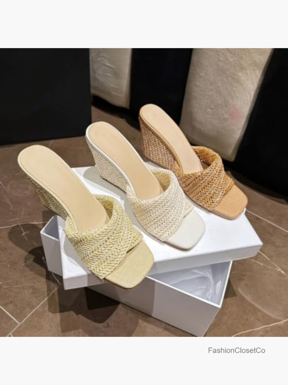 Square Open Toe Braided Wedge Sandals - Slip On High Heel Mules Raffia Slide - Picture 7 of 7